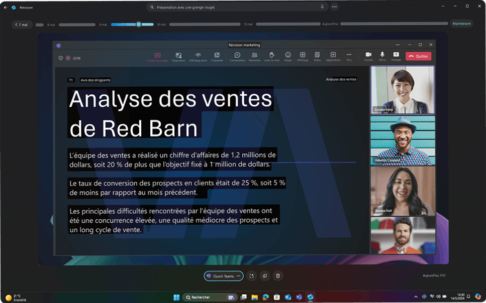 Capture d’écran de l’interface utilisateur montrant une chronologie personnelle dans Retrouver arrêtée sur un appel Teams, avec quatre personnes qui parlent tandis qu’une présentation est partagée sur l’écran. 