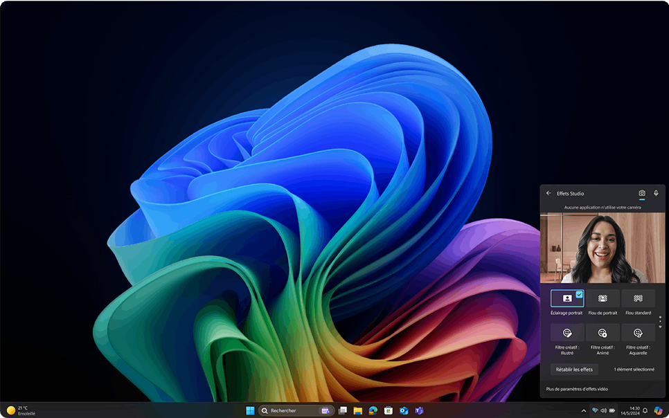 Écran d’un appareil Windows avec une fleur arc-en-ciel et l’interface utilisateur en bas à droite affichant les options des effets Windows Studio. 