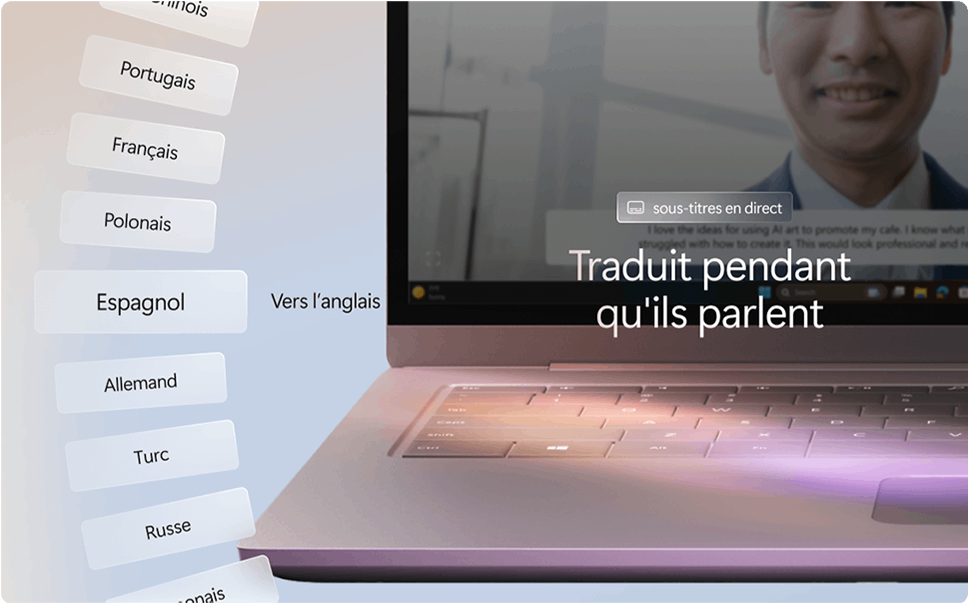Ensemble de cases contenant des langues à gauche à côté d’un ordinateur portable avec un rai de lumière sur le clavier et une personne à l’écran qui parle.  